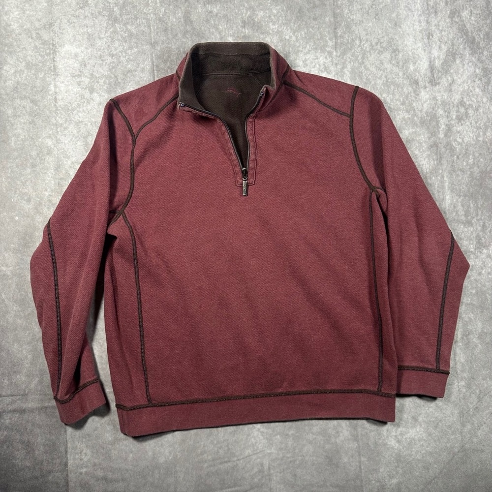 Tommy Bahama Men L Burgundy Quarter Zip Sweatshirt Contrast Stitching Coastal